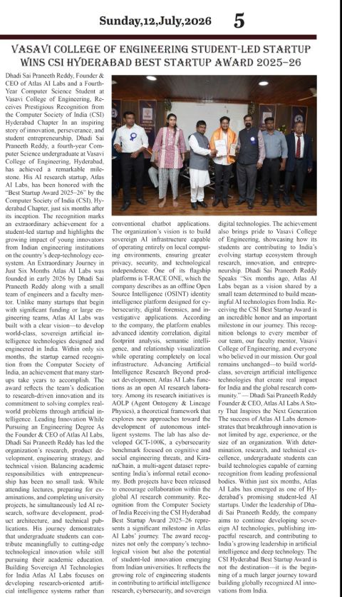 English newspaper, Sunday 12 July 2026, page 5: Vasavi College of Engineering student-led startup wins CSI Hyderabad Best Startup Award 2025–26, with a photo of Dhadi Sai Praneeth Reddy receiving the award