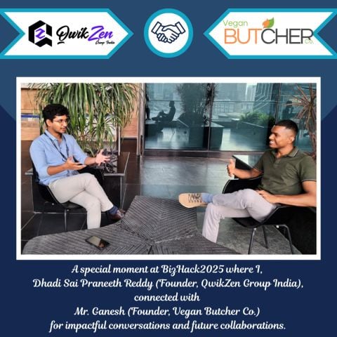 Dhadi Sai Praneeth Reddy with Picket Ganesh and Harish of Vegan Butcher Co. at BizHack 2025, T-Hub