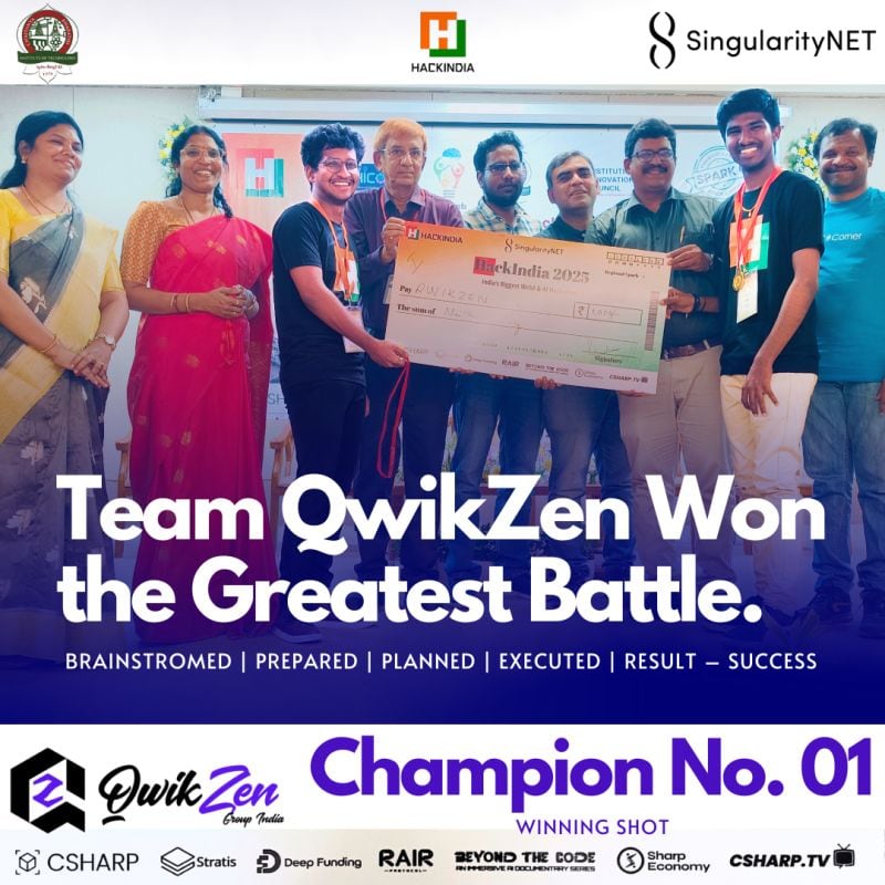Team QwikZen holding the HackIndia 2025 Spark 6 winning cheque with organisers at CBIT, Hyderabad