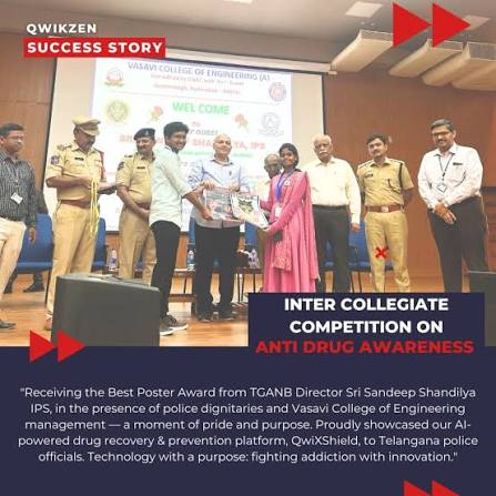 Dhadi Sai Praneeth Reddy receiving the Best Poster Award from TGANB Director Sri Sandeep Shandilya IPS, with police officials and Vasavi College of Engineering management, at the Inter-Collegiate Competition on Anti-Drug Awareness